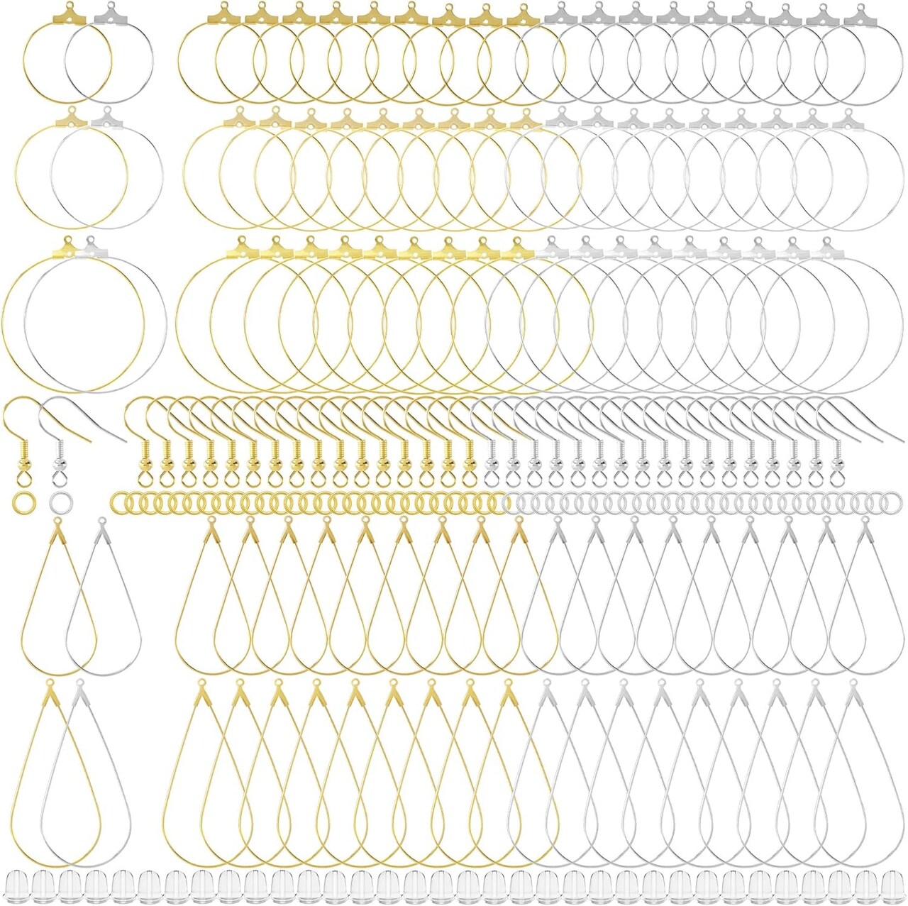 700pcs Hypoallergenic Earring Making Accessories, Teardrop Round Hoop Earrings Findings Earring Hooks, Clear Rubber Earring Backs & Jump Rings for Jewelry Making- Silver & Gold